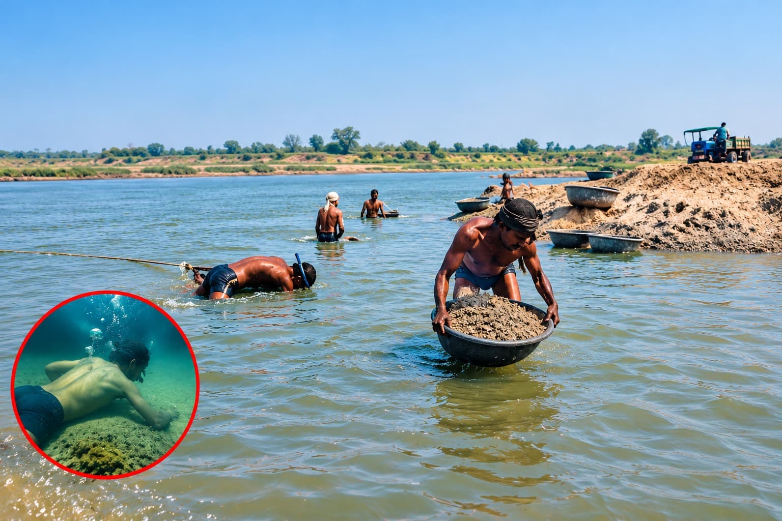 उर्मिला नदी में खतरनाक तरीके से बालू निकाल रहे मजदूर, 10 फीट तक पानी में लगाते हैं गोता
